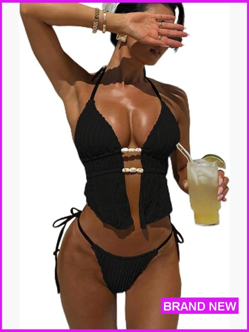 Women's 2 Piece Halter Bikini Set Textured Backless Thong Swimsuits Triangle